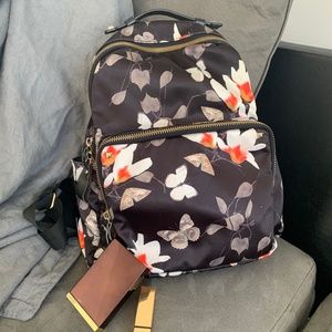 Black Silk Floral and Butterfly Print Backpack